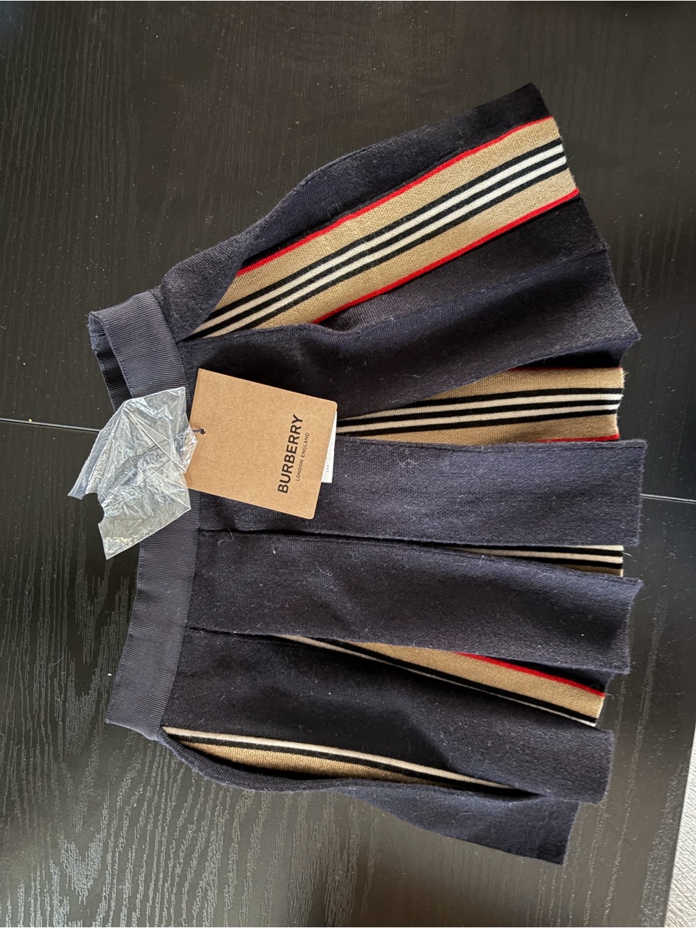 Burberry Navy Skirt with Beige and Red Stripe Insets